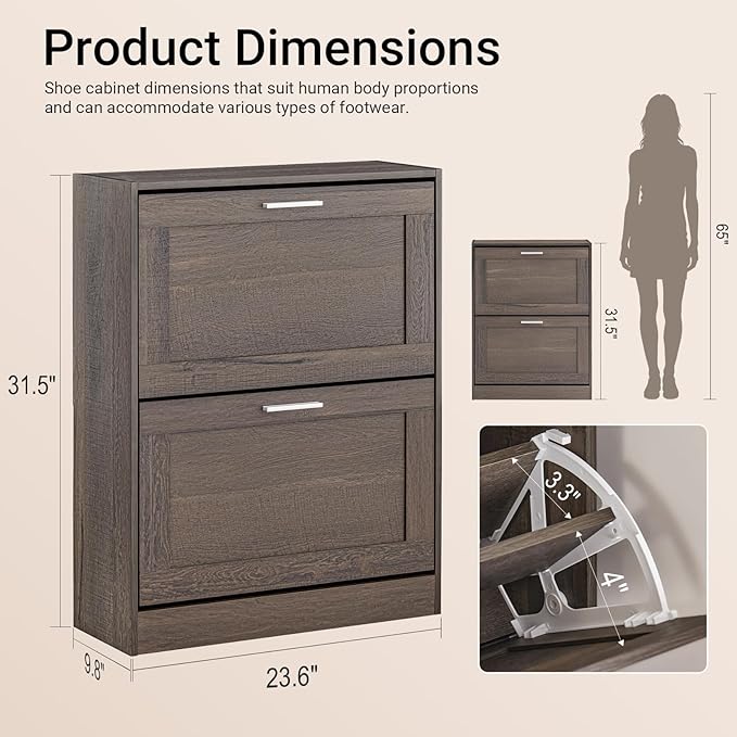 Haotian Shoe Cabinet Storage for Entryway, Narrow Shoe Cabinet with Two Flip Drawers to Save Space, Shoe Rack Cabinet for Front Door Entrance Hallway (Brown)