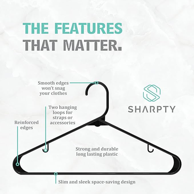 Sharpty Plastic Hangers Clothes Hangers for Clothing, Closet, Coats & Shirts - Durable & Space Saving - for Everyday Standard Use, Room Essentials & Basics - 40 Pack - Black