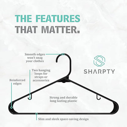 Sharpty Plastic Hangers Clothes Hangers for Clothing, Closet, Coats & Shirts - Durable & Space Saving - for Everyday Standard Use, Room Essentials & Basics - 40 Pack - Black