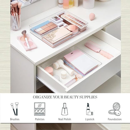 STORi SimpleSort 2-Piece Stackable Clear Drawer Organizer Set | 15" x 6" x 2" Rectangle Trays | Wide Makeup Vanity Storage Bins and Office Desk Drawer Dividers | Made in USA