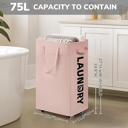 CHICVITA Laundry Hamper with Wheels 2-Pack, 75L Collapsible Laundry Basket with Removable Wash Bags, Pink Laundry Hamper for Corner Dorm, Rolling Laundry Basket on Wheels