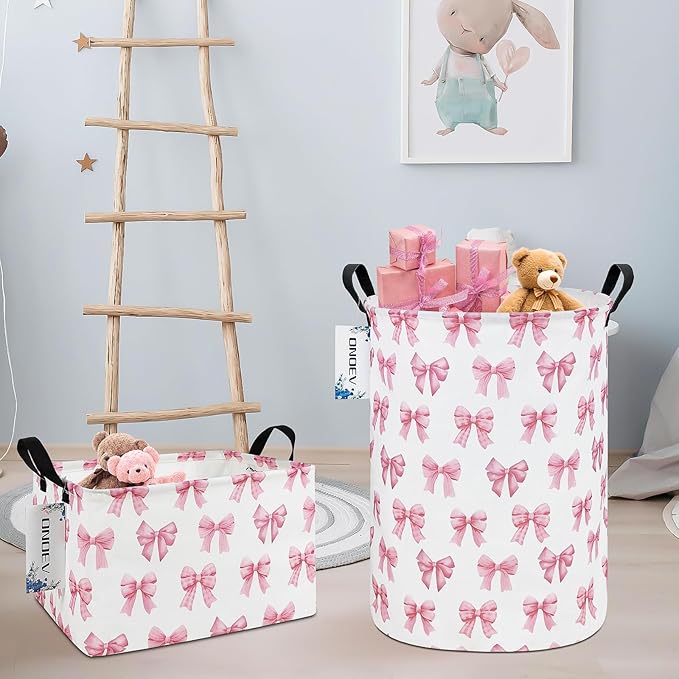 Kids Laundry Hamper,Pink Bow Themed Laundry Basket for Girls,Cute Coquette Aesthetic Collapsible Fabric Organizer with Handles for Bedroom Nursery Playroom