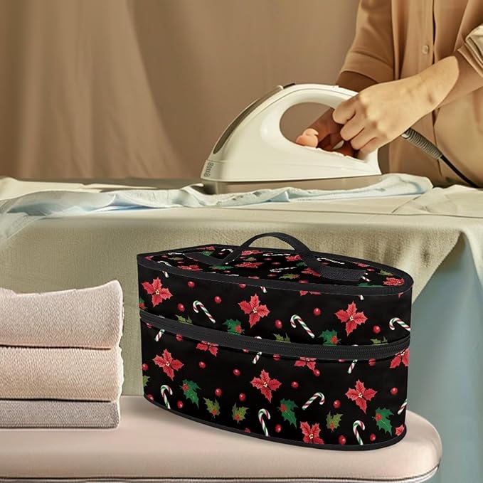 Christmas Clothes Iron Storage Case for Clothing Store, Reusable Wear-resistant Iron Portable Storage Bag with Zipper Handle, Poinsettia Holly Crutch