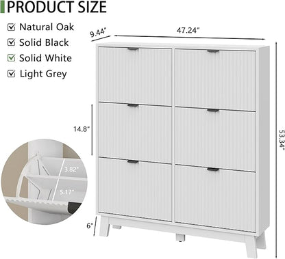 Xixini Shoe Cabinet with 6 Flip Drawers, 54" Tall Narrow Fluted Shoe Storage Organizer for Entryway, Hidden Slim Wooden Shoe Rack Cabinet for Front Door Entrance, Hallway, Living Room, Solid White