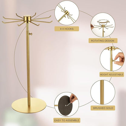 Rotating Keychain Display Stand - Height-adjustable Brushed Silver Metal Jewelry Organizer - Long Necklace Display Stand with 6 Hook - Scratch-resistant Display Racks for Craft Shows