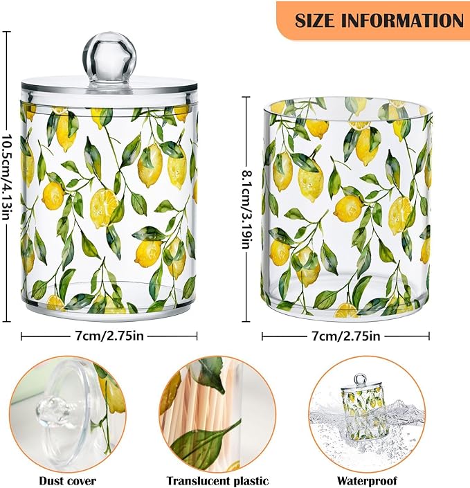 ALAZA 2pcs Watercolor Lemon Leaf Qtip Holder Dispenser 14 oz Bathroom Storage Clear Apothecary Jars Containers Cotton Ball,Cotton Rounds,Floss Picks, Hair Clips, Food