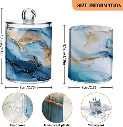 2 Pack Qtip Holder Dispenser for Cotton Ball Gold Marble Blue Fluid Marble Swab Round Pads Clear Plastic Acrylic Jar Set Bathroom Canister
