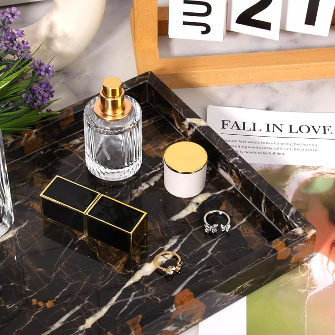 Marble Bathroom Vanity Tray, Natural Luxury Vanity Home Kitchen Bathroom Table Tray, Stone Decorative Countertop Dresser Trays for Key Coffee Perfume Jewelry Makeup (Black Gold, 12"x 8" x1.2")