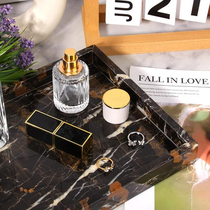 Marble Bathroom Vanity Tray, Natural Luxury Vanity Home Kitchen Bathroom Table Tray, Stone Decorative Countertop Dresser Trays for Key Coffee Perfume Jewelry Makeup (Black Gold, 12"x 8" x1.2")