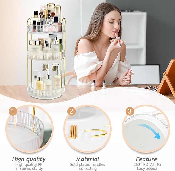 Rotating Makeup Organizer for Vanity, High-Capacity Skincare Perfume Storage, Bathroom Counter Organizer, 360 Spinning Cosmetic Dresser Countertop Organizers (White 3 Tier)
