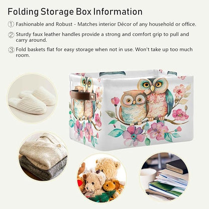 Large Storage Basket Cute Owl Couple Flowers Storage Bin Cube Canvas Fabric Organizer Handles Collapsible for Clothes Toys Bedroom Decorative