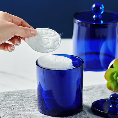 Qtip Holder Bathroom Set with Tray(4PCS) - 3 Pack Acrylic Plastic Apothecary Jars Qtip Dispenser Canister with Lid and Labels, 1 Pack Bathroom Vanity Tray, for Cotton Ball, Cotton Swab (Blue)