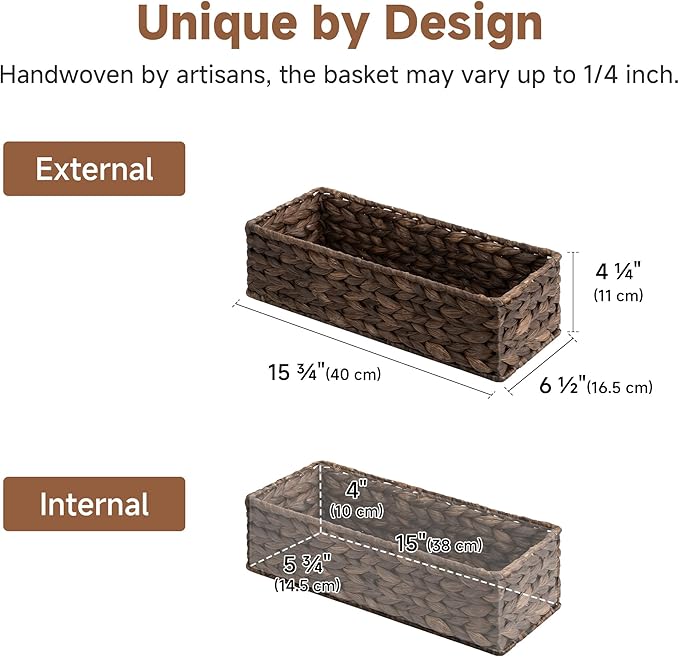 StorageWorks Brown Water Hyacinth Bathroom Basket Organizer and Storage for Tank Topper, Wicker Toilet Paper Basket for Back of Toilet Baskets, Small Narrow Tank Trays for Bathroom Decor, 2 Pack