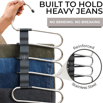 MORALVE Pants Hangers Space Saving - 4 Pack - Non-Slip Multi-Layer Space Saving Hangers - Multifunctional Clothing Rack for Closet Storage - Ideal for Jeans, Trousers, Skirts, Scarves & Slacks (Black)