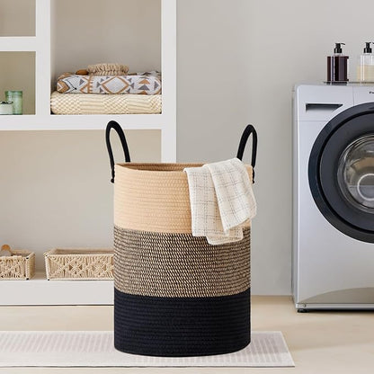 VIPOSCO Large Laundry Hamper, Tall Woven Rope Storage Basket for Blanket, Toys, Dirty Clothes in Living Room, Bathroom, Bedroom - 100L Brown & Black
