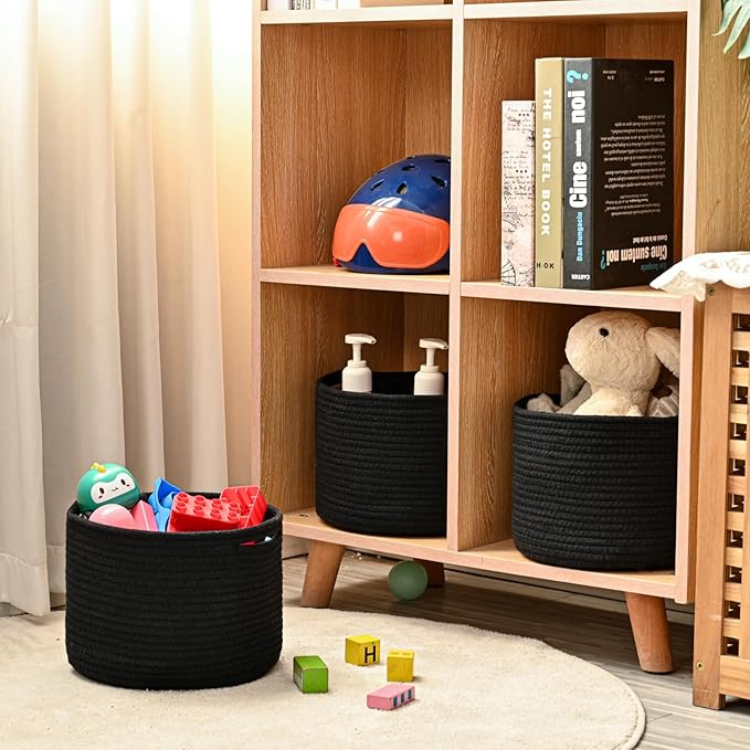 ICERZCZ Small Black Baskets for Organizing, Storage Baskets for Shelves, Small Woven Basket for Storage, Cute Basket for Gifts, Mini Cotton Rope Baskets, 9.7"×9.7"×7" (3 Packs) Black