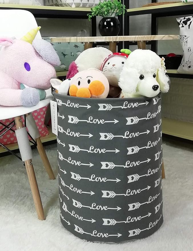 QUEENLALA Large Storage Basket,Laundry Hamper/Bathroom/Home Decor/Collapsible Round Storage Bin,Boys and Girls Hamper/Boxes/Clothing(Love Grey Arrow)