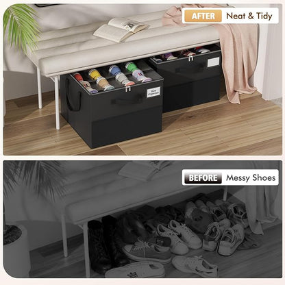 NestOrganix 2 Pack Shoe Organizer for Closet, Large Shoe Box Storage Containers, Foldable Shoe Storage Organizer Box Bin with Adjustable Dividers and Clear Cover, Space Saving Shoes Holder, Black