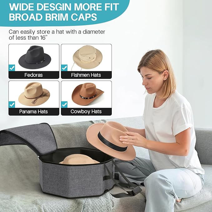 SLEEPING LAMB Hat Box for Travel and Storage, Collapsible Cowboy Cap Organizer Case for Closet with Handles, Hat Box for Women Storage and Large Cap Bag for Men Carry, Grey