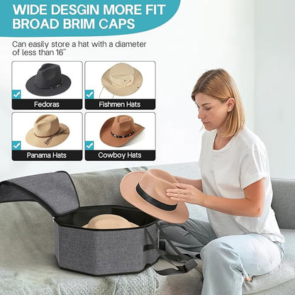 SLEEPING LAMB Hat Box for Travel and Storage, Collapsible Cowboy Cap Organizer Case for Closet with Handles, Hat Box for Women Storage and Large Cap Bag for Men Carry, Grey