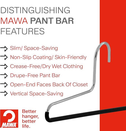 Mawa by Reston Lloyd Trouser Series Non-Slip Space-Saving Clothes Hanger with Single Rod for Pants, Style KH/1, Set of 10, Black