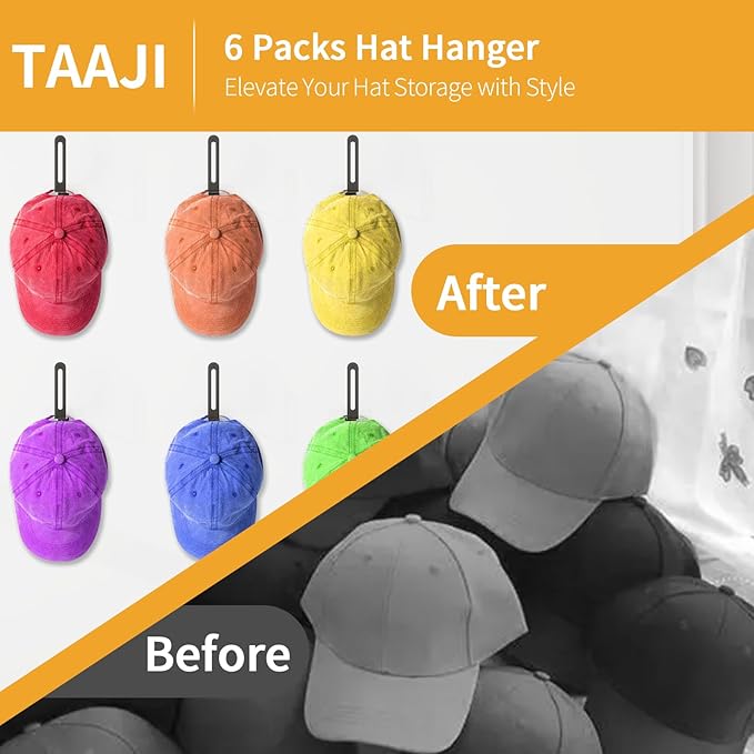 Taaji 6 Packs Hat Organizer for Baseball Caps Organizer, Sticky Hat Rack for Wall, Adhesive Hat Hooks for Wall, Hat Storage Hat Holder No Drilling, TAM-06B