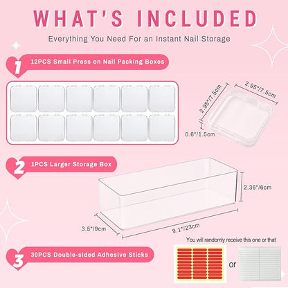 12Pcs Press on Nail Packaging Boxes, False Nail Container Organizer Clear Nail Display Case with 1 All-In-One Acrylic Storage Box and 30pcs Double-sided Adhesive Tape for Nail Art Salon Home Use