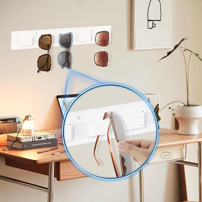 Sunglasses Organizer Wall Mounted Acrylic Sunglass Holder for Multiple Glasses,2 Pack Hanging Sunglasses Storage with 5 Slots- (White)