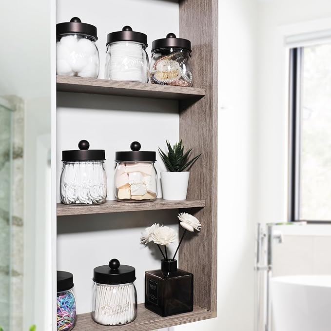 Farmhouse Decor Apothecary Jar Set, Mason Jar Bathroom Vanity Storage Organizer Canister-Qtip Holder Plastic Acrylic Jar for Cotton Swab, Cotton Pad, Floss Pick, Paper Clip, Hair Clip (2 Pack, Bronze)