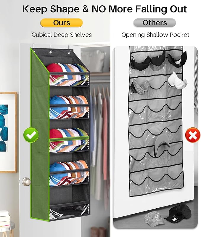 SLEEPING LAMB Over Door Hat Racks for Baseball Caps, Clear Deep Pockets Hat Organizer for Closet or Wall Hold 60 Hats Storage Holder With 3 Hooks Caps Display (Black)