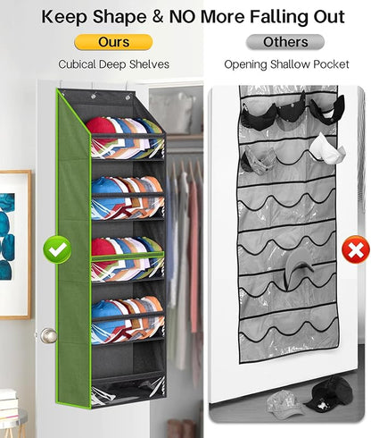 SLEEPING LAMB Over Door Hat Racks for Baseball Caps, Clear Deep Pockets Hat Organizer for Closet or Wall Hold 60 Hats Storage Holder With 3 Hooks Caps Display (Black)