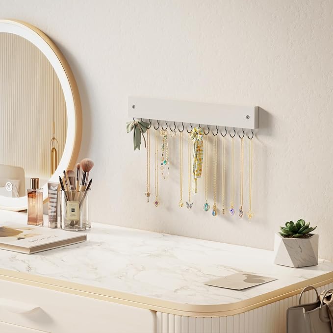 Lolalet Wooden Necklace Holder for Wall with 15 Hooks, Necklaces Hanger Easy Install Wall Mount Necklace Organizer, Jewelry Hangers for Chains, Bracelets, Earrings -White