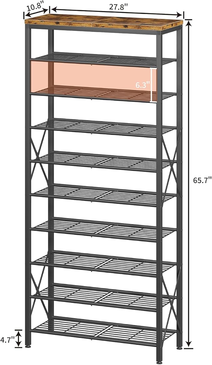 10-Tier Shoe Rack Holds 40 Pairs, Space Saving Shoe Organizer for Entryway Closet Apartment, Industrial Metal Shoe Shelf with Wooden Top, Rustic Brown