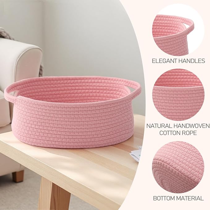 JMvicyroam Woven Basket,Small Rope Storage Bin with Handles & Ribbon Bag, Organizer for Shelves Closets,Gift Basket Empty for Birthday,Books,Dog Toys, Pink
