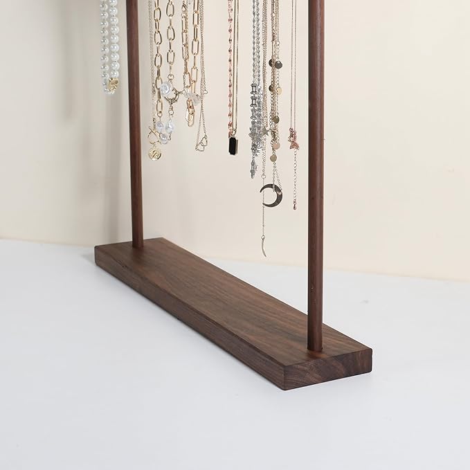 Large necklace hanger shelf with 17 copper bars, Wooden jewelry storage organizer rack for hanger necklace bracelet, necklace display stand for boutique store【Walnut】