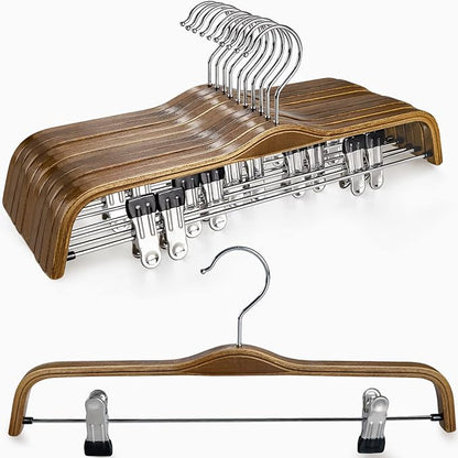 TOPIA HANGER Wooden Pants Hangers,Slim Natural Wood Skirt Hangers with Anti-Rust Hook and Adjustable Metal Clips, Perfect for Skirts,Pants,Slacks-10 Pack-CT17A