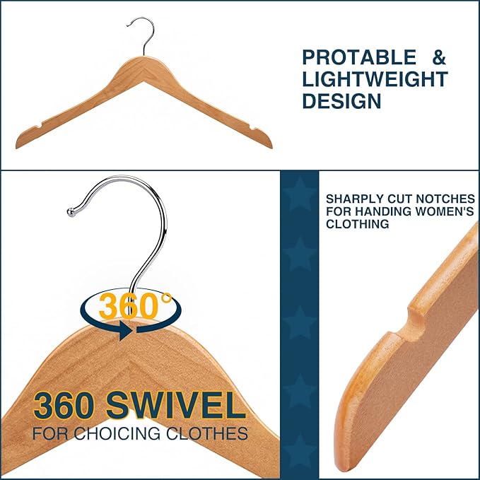 Wooden Shirt Hangers - Pack of 30 Sturdy Wood Hangers, Ideal for Laundry & Everyday Use, Heavy Duty, Natural