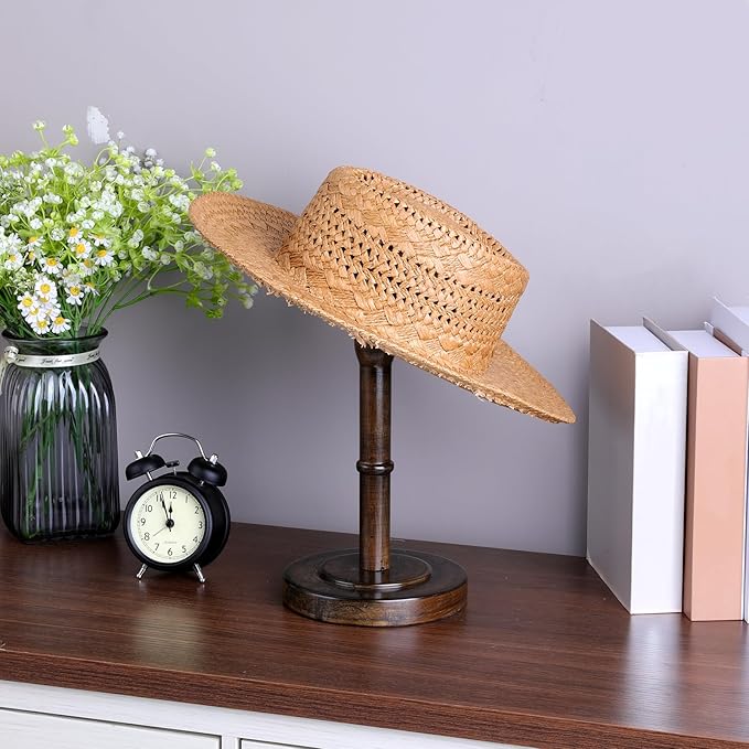 Ptwola Freestanding Vintage Cowboy Hat Stand, Wood Rustic Brown Tabletop Hat Rack Caps Wig Organizer Display Holder with 5.1" Dome Shape Retention for Dresser Closet Desktop Store Home Decor