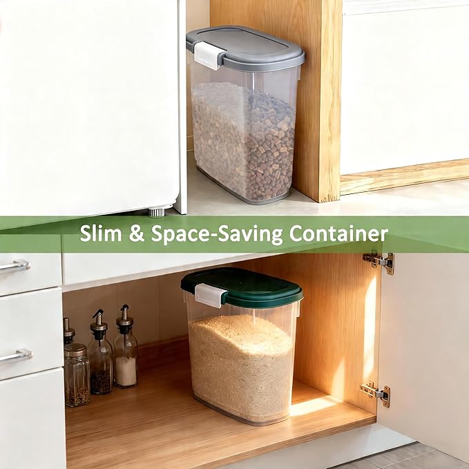 Dark Green Rice Storage Container 15-20 Lbs, Large Tall Flour Container with Lid + Scoop + Cup - Slim Dry Food Storage Bin for Cereal, Sugar, Beans, Pet Foods - Kitchen and Pantry Storage Organization