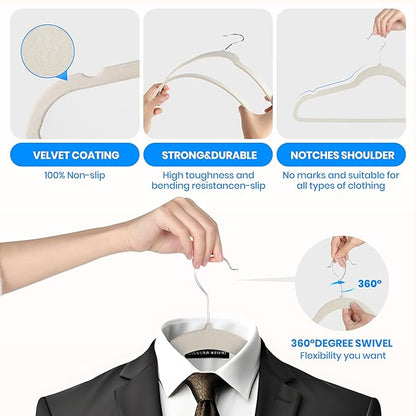 Simple Deluxe Velvet Hangers 50 Pack, Space Saving Heavy Duty Clothes Hangers, Non-Slip Closet Hanger for Coat, Sweater, Suit and Shirt with Shoulder Notches, 360° Swivel Hooks, White