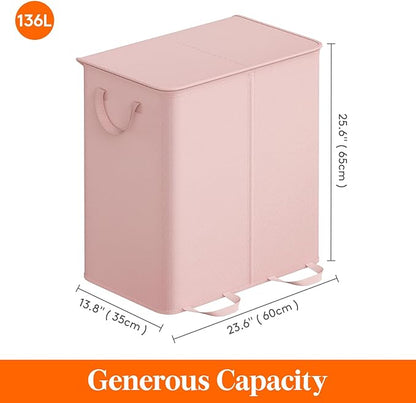 Lifewit Double Laundry Hamper with Lid and Removable Laundry Bags, Large Collapsible 2 Dividers Dirty Clothes Basket with Handles for Bedroom Laundry Room Closet Bathroom College, 136L Pink
