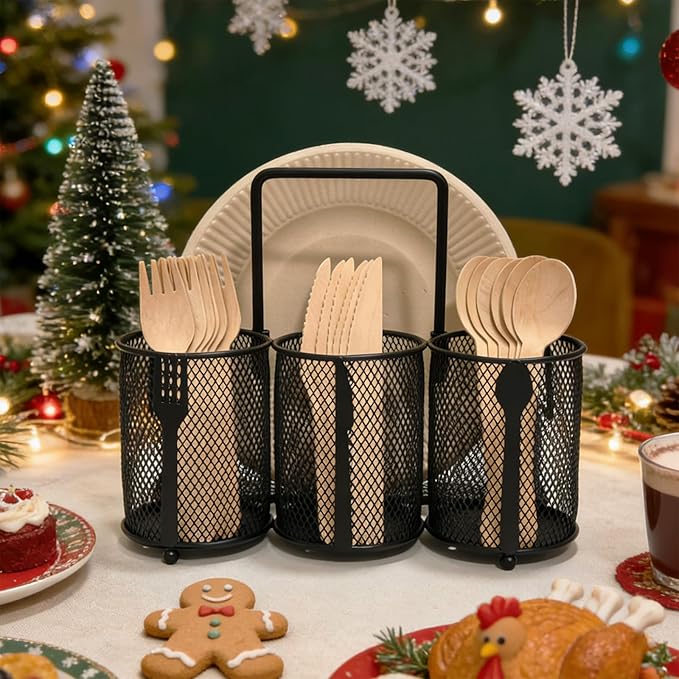 Silverware Organizer Utensil Caddy - 4 Compartment Metal Cutlery Holder Flatware Storage Basket Fork Spoon Napkin Paper Plate Kitchen Countertop Party Picnic Camping Buffet Outdoor (Black)