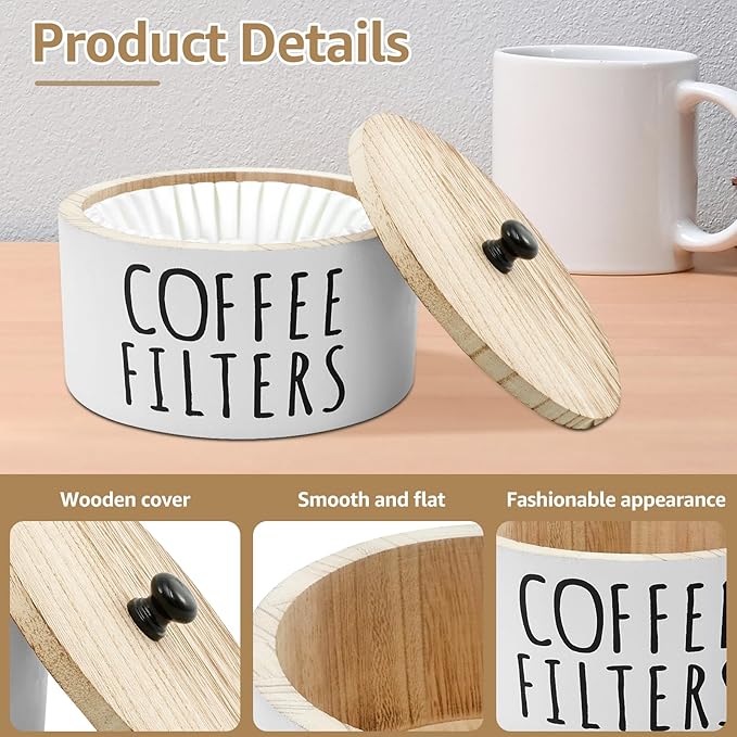 Coffee Filter Holder - Wooden Coffee Storage Container with Lid, Multipurpose Filter Dispenser, Sturdy Coffee Pod Organizer for Bar Counter Decor (White)