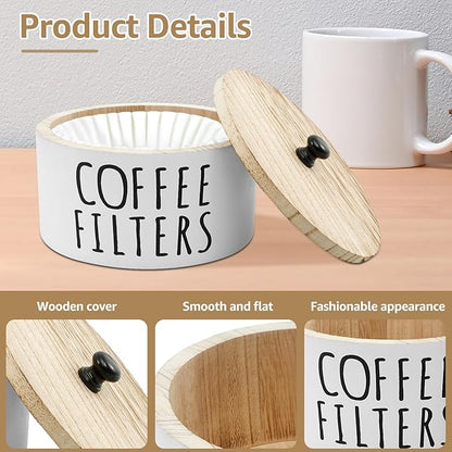 Coffee Filter Holder - Wooden Coffee Storage Container with Lid, Multipurpose Filter Dispenser, Sturdy Coffee Pod Organizer for Bar Counter Decor (White)