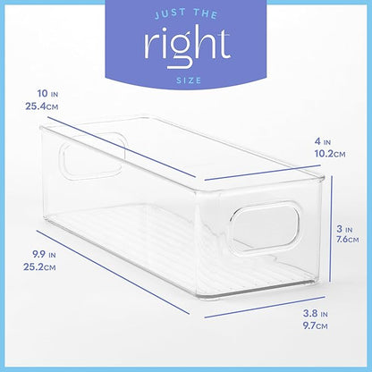 Plastic Food Storage Clear Container 2 Pack Bin with Handles for Organizing Kitchen, Pantry, Refrigerator, Freezer, Pantry, Cabinet, Closet, Bathroom. Stackable 10”x4”x3”