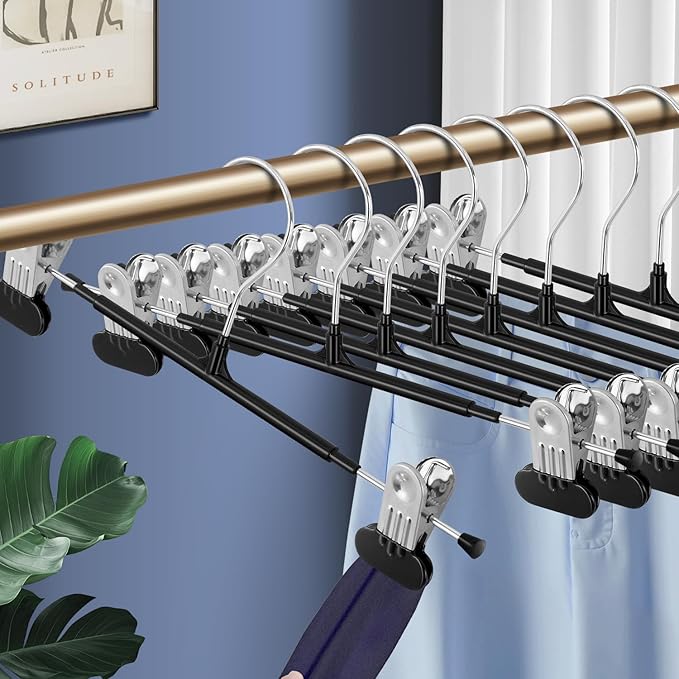 Clothes Pants Hangers with Wide Clips 50 Pack,Non-Slip Adjustable Skirt Hanger for Women,Space-Saving Heavy Duty Men Hangers for Pants,Trousers,Jeans,Shorts 12Inch Black