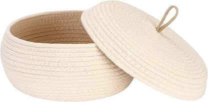 Sea Team Round Cotton Rope Storage Basket with Lid, Decorative Woven Storage Bin, Pot, Caddy, Organizer, Container for Snacks, Towels, Plants, 13 x 5.5 Inches (Large, Shallow, Cream)
