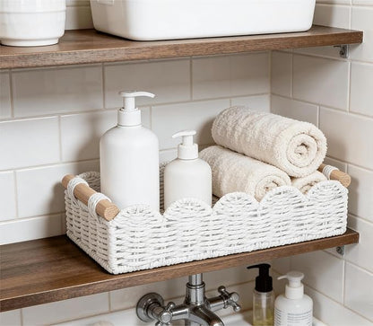 CubesLand Toilet Paper Storage Basket Organizer, Small Wicker Toilet Tank Top Decorative Baskets for Countertop, Handwoven Scalloped Basket w/handle for Home Decor, Living Room, Bedroom, White
