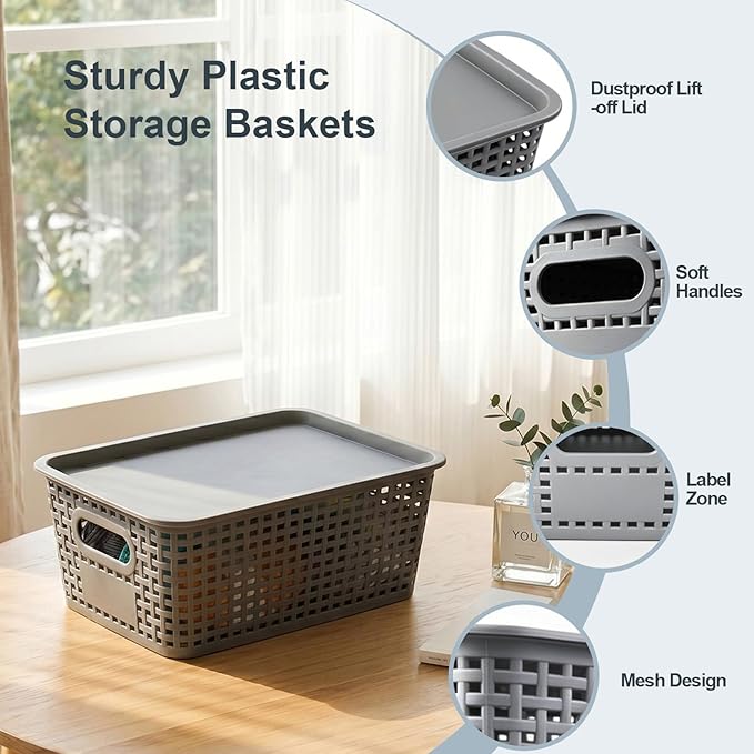 6 Pack Small Plastic Storage Baskets with Lids, Plastic Storage Baskets for Organizing, Stackable Organizer Baskets, Small Storage Bins for Shelves,Closet,Craft Room,Playroom,Classroom,Office, Grey