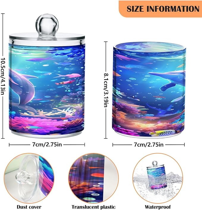 ALAZA 2 Pack Qtip Holder Dolphin Colorful Coral Ocean, Cotton Swab Dispenser with Lid Bathroom Containers Canister Organizer Storage Jar